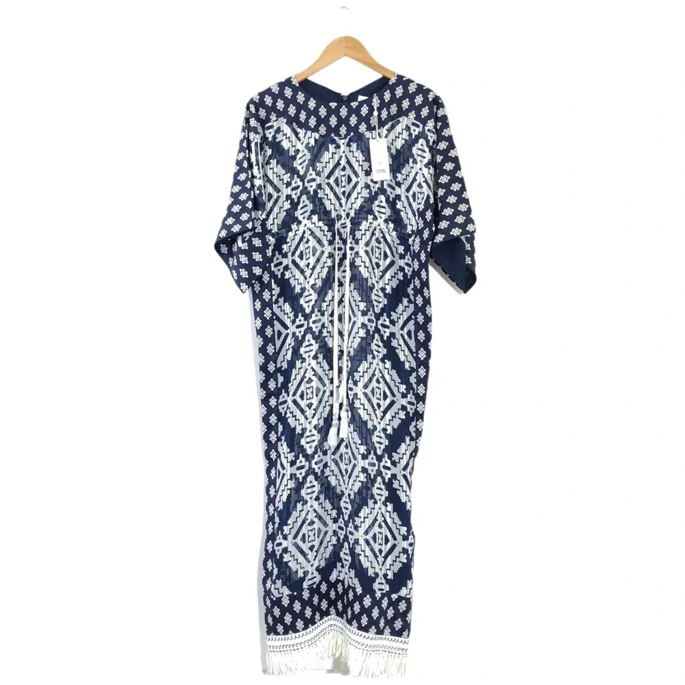 TORY BURCH Beatrice Blue White Geometric Fringe Caftan Beach Cover Up Dress